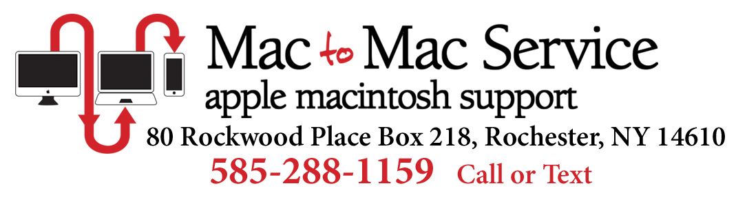 Logo with address for Mac to Mac Service - 80 Rockwood Place, Rochester, NY 14610